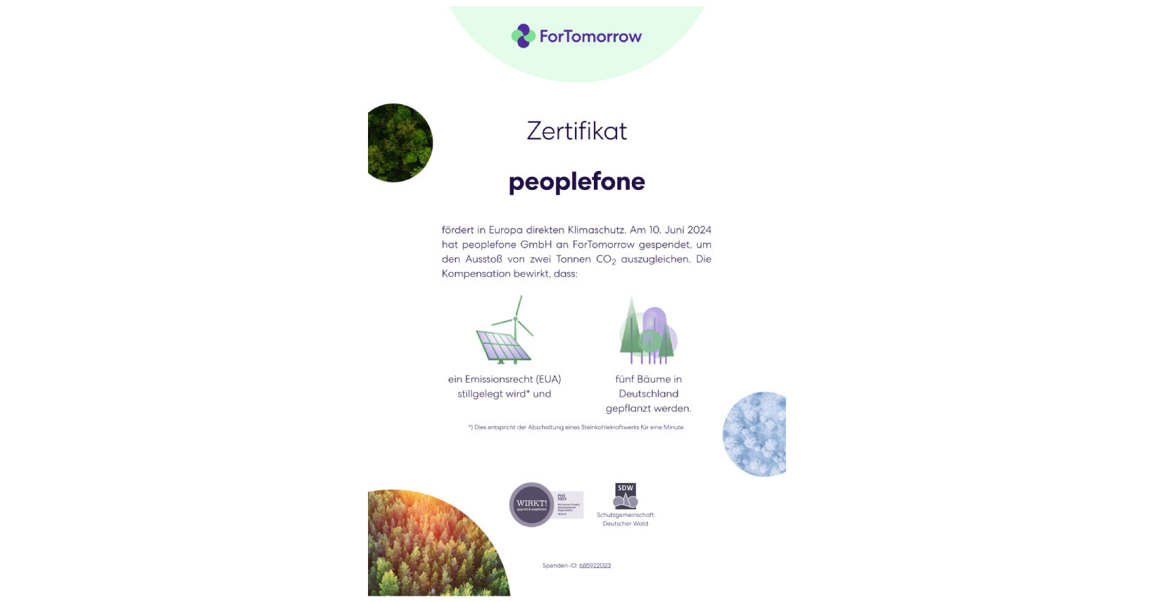 Zertifikat ForTomorrow für peoplefone für das Pflanzen von Bäumen bei Bestellung von Werbeartikeln.